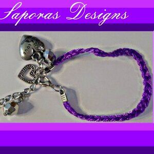 Handmade Purple Braided Rope Bracelet With Silver Tone Heart & Beads